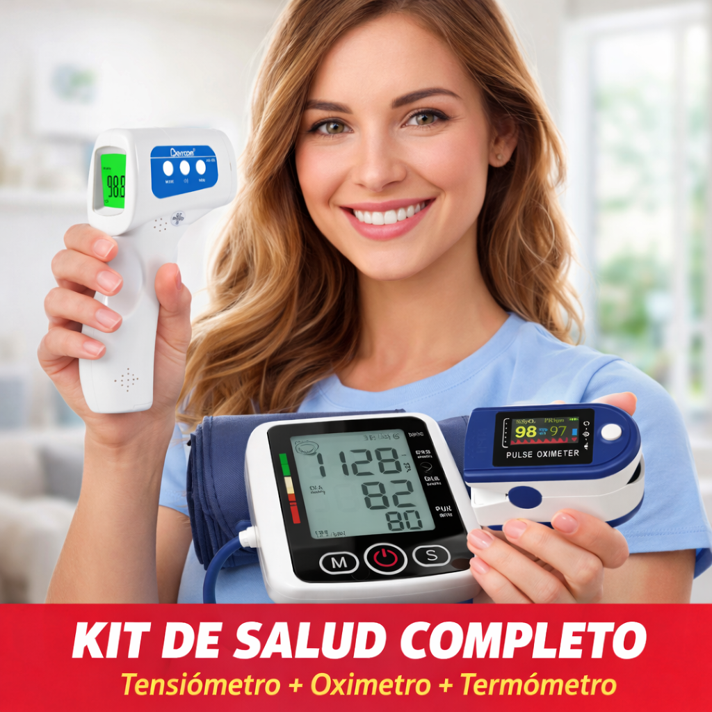 Kit Completo de Monitoreo de Salud: Tensiómetro Digital con Voz + Oxímetro + Termómetro Infrarrojo