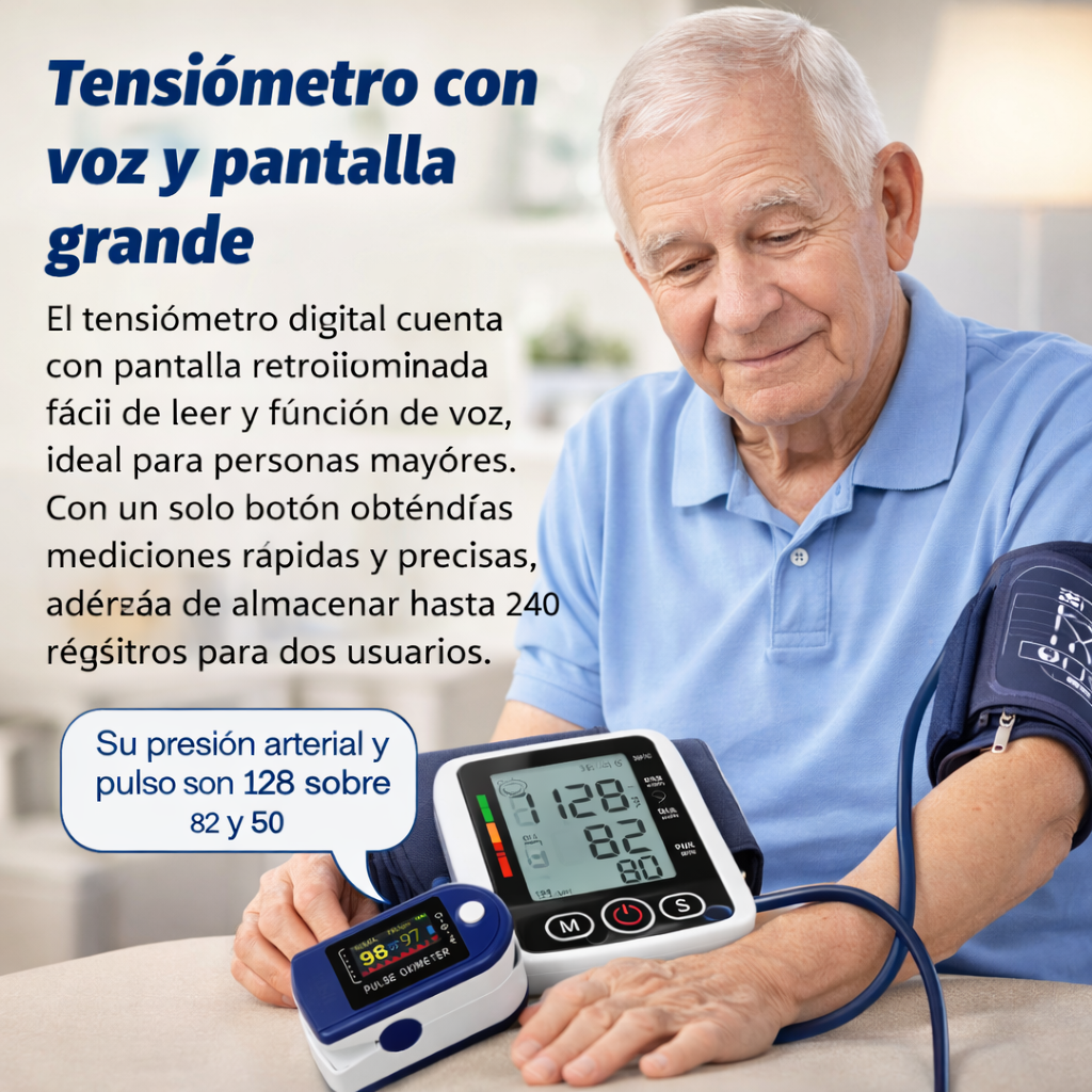 Kit Completo de Monitoreo de Salud: Tensiómetro Digital con Voz + Oxímetro + Termómetro Infrarrojo